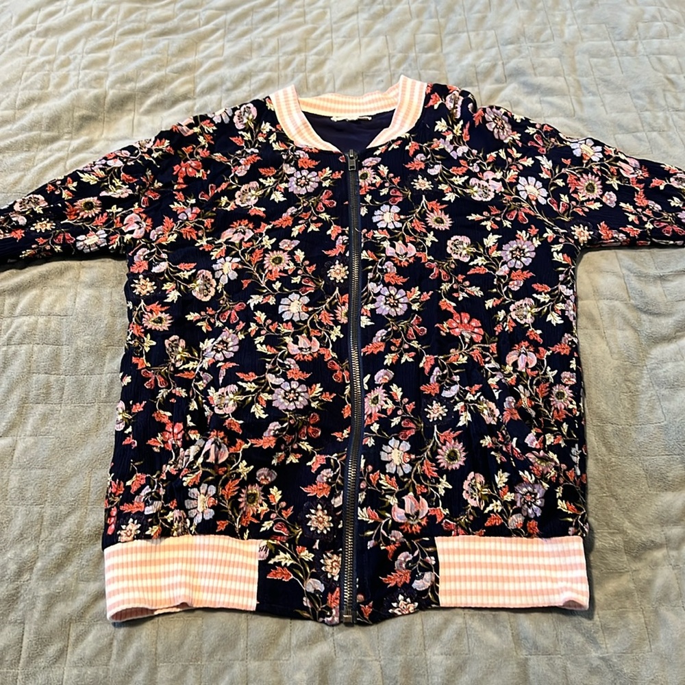Mystree Floral Bomber Jacket, Navy Blue, Pink, Boho, Size S - Picture 2 of 10